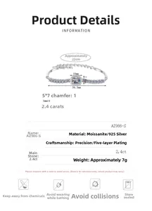 Detailed specification of S925 sterling silver moissanite bracelet with 2.4ct main stone