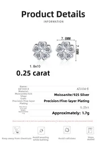 Macro detail of S925 silver heart petal moissanite studs with 7.8mm diameter and specs