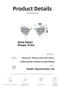 Detail view of 925 silver heart moissanite studs showing dimensions and 0.6ct stone size