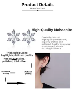 Detail of snowflake moissanite earrings showing platinum finish and model wearing effect