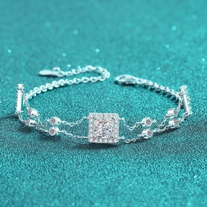 S925 sterling silver bracelet with square blue moissanite on a double-strand chain