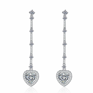 Elegant S925 silver long tassel earrings with heart-shaped moissanite pendants for women