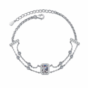 S925 Sterling Silber Armband mit doppeltem Ketten-Design und Smaragdschliff Moissanit