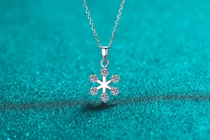 Macro view of a shimmering S925 silver snowflake pendant with moissanite crystals