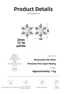 Macro view of snowflake moissanite stud earrings in S925 silver with 5-layer plating