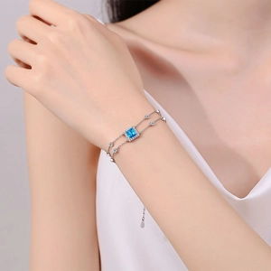 Elegant S925 silver double-strand bracelet with square sapphire blue moissanite gemstone