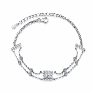 S925 sterling silver double chain bracelet featuring a square sapphire blue moissanite