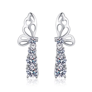 Elegant S925 sterling silver butterfly drop earrings with sparkling moissanite stones