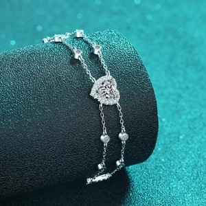 S925 sterling silver heart moissanite bracelet with blue stone and double layer chain