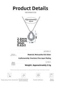 Détails du collier en argent S925 et moissanite avec dimensions du pendentif goutte