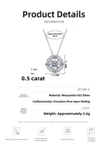 Detail view of 925 sterling silver four-prong moissanite pendant with size and specs