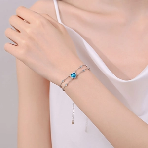 S925 sterling silver heart-shaped blue moissanite bracelet with double layered chains