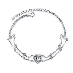 S925 sterling silver double layer heart moissanite bracelet with adjustable chain