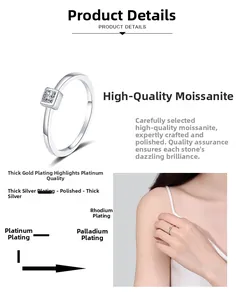 Detail view of square cut moissanite ring with S925 silver base and layered plating