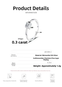 Detailed specs of S925 silver ring featuring 0.3ct princess cut moissanite stone