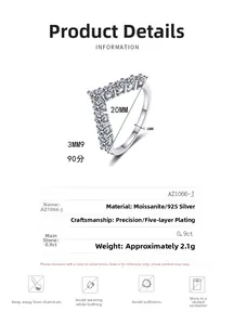 Detailed specs of V-shaped S925 silver ring with 0.9ct moissanite and 5-layer plating