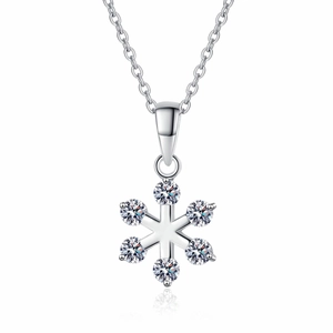 S925 sterling silver snowflake necklace with sparkling moissanite stones on white background