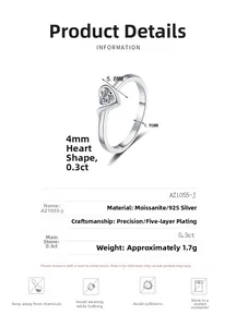 Detail view of 925 silver heart moissanite ring with 0.3ct stone and band size specs