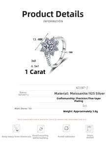Detailed specs of S925 silver sunflower ring with 1ct moissanite and dimensions