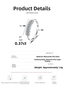 Détails de la bague en argent S925 et moissanite avec dimensions et info pierre 0,37ct
