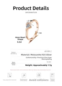 Detailansicht des Herz-Moissanit-Rings aus 925er Silber mit Champagner-Gold-Finish und Maßen