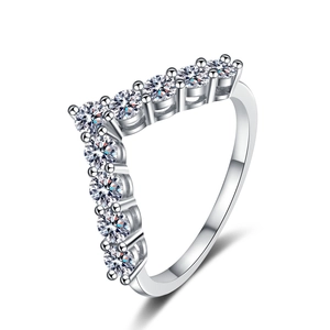 Elegant V-shaped S925 sterling silver moissanite ring with row of eleven brilliant stones