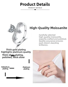 Détail d'une bague en argent avec moissanite cœur et anneau ondulé serti de diamants