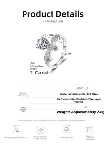 Détails d'une bague en argent 925 avec moissanite cœur 1ct et dimensions précises