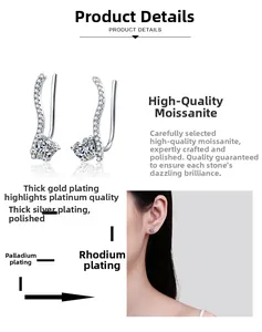 Detail of S925 silver heart moissanite ear crawlers with polished plating and fine stones