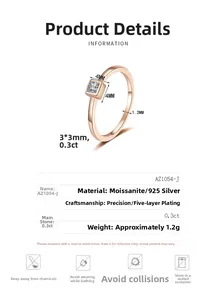 Detailed size specifications for a 925 silver moissanite ring with champagne gold plating