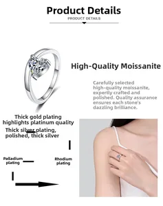 Detail view of heart-cut moissanite ring with multi-layer rhodium plating for platinum shine