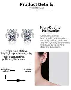 Detailed view of moissanite earrings with multi-layer silver, rhodium, and palladium plating