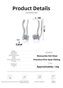 Detailed technical chart of S925 sterling silver moissanite ear climbers with dimensions