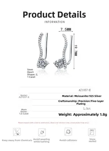 Detailed chart showing 925 silver heart moissanite earring size and specifications
