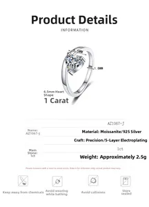 Detail specifications of 1ct heart moissanite ring with 925 silver band parameters
