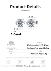 Detailed spec sheet showing 925 silver moissanite snowflake stud earrings with size guide