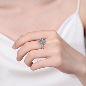 Elegant S925 sterling silver sunflower moissanite ring with pave setting on model's hand