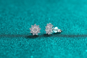 Close-up of S925 sterling silver moissanite earrings in a delicate snowflake design