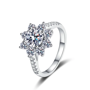 Elegant sunflower S925 sterling silver ring with 1ct moissanite center stone on white background