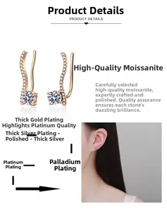 Gros plan sur les boucles d'oreilles grimpantes en or rose avec moissanite et petits diamants