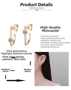 Close-up of champagne gold irregular silver stud earring with moissanite on model