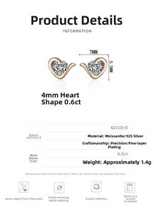 Detailed specs of heart-shaped moissanite earrings with 0.6ct stones and dimensions