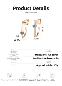 Detail view of J-shaped S925 silver earrings with 0.20ct moissanite in rose gold finish