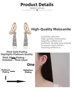 Detailed view of butterfly moissanite earrings with multi-layer rhodium plating