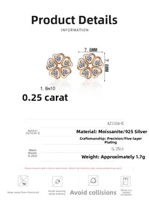 Detailed spec sheet for 925 silver moissanite floral stud earrings with rose gold plating