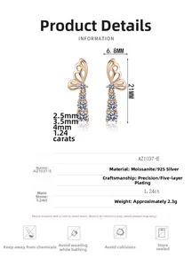 Detail view of S925 silver butterfly moissanite earrings with precise dimensions