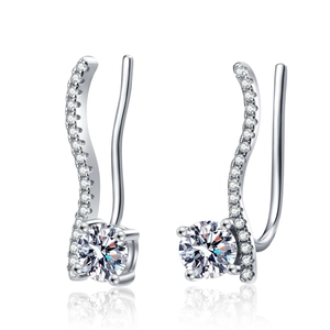 Elegant S925 sterling silver wave-shaped moissanite crawler earrings with sparkling stones