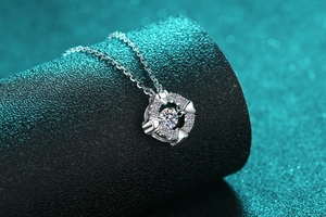 Macro shot of S925 sterling silver heart necklace with moissanite pendant detail
