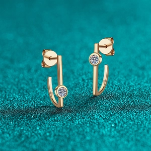Minimalist S925 sterling silver J-hook earrings with champagne gold and moissanite