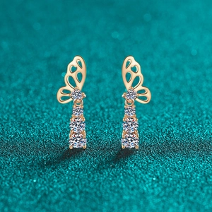 925 Sterling Silver Moissanite Butterfly Stud Earrings Champagne Gold Graduated Round Stone Drop Earrings For Women Jewelry